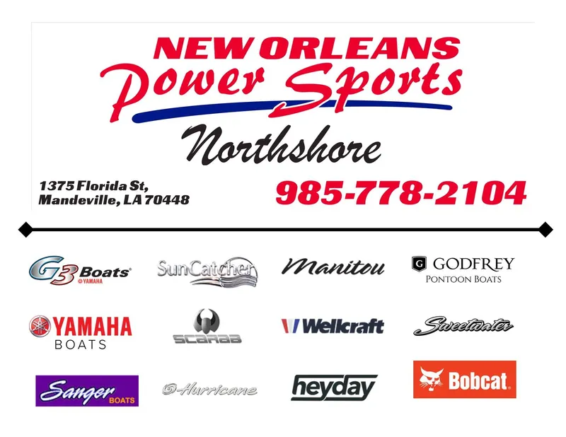 Slide: The Image of New Orleans Power Sports Northshore dealership contact information and boat brands. - 2
