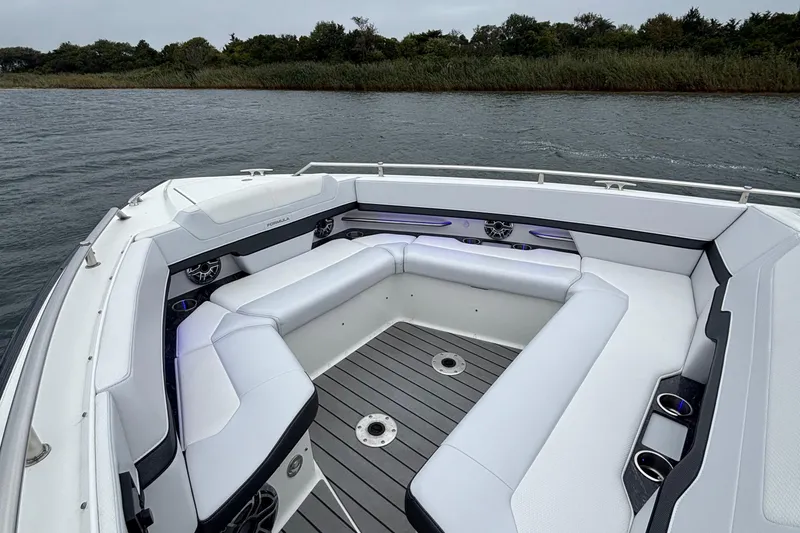 Slide: The Image of 2022 Formula 380 Super Sport Crossover OB boat interior with luxurious seating. - 66