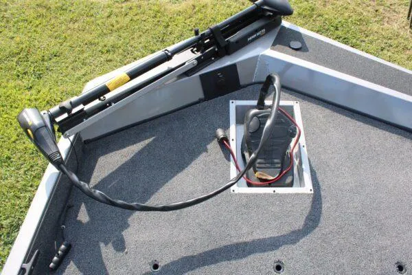 Slide: The Image of 2023 Lowe Legacy boat deck with trolling motor and foot pedal. - 4