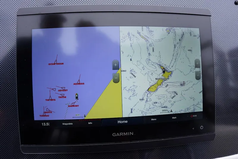 Slide: The Image of Garmin navigation display on a 2020 Novurania Chase boat, showing nautical charts and routes. - 13