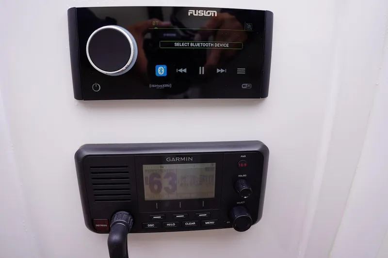 Slide: The Image of Fusion audio system and Garmin device on 2020 Novurania Chase boat. - 34