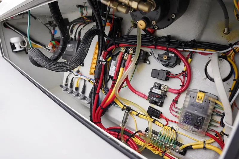 Slide: The Image of Electrical wiring inside a 2020 Novurania Chase boat, showcasing complex cable arrangement. - 45