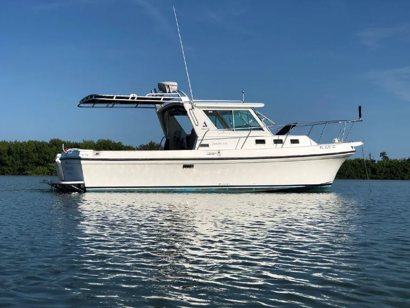 The Image of 2000 Albin Tournament Express boat on calm water with clear blue sky. - 0