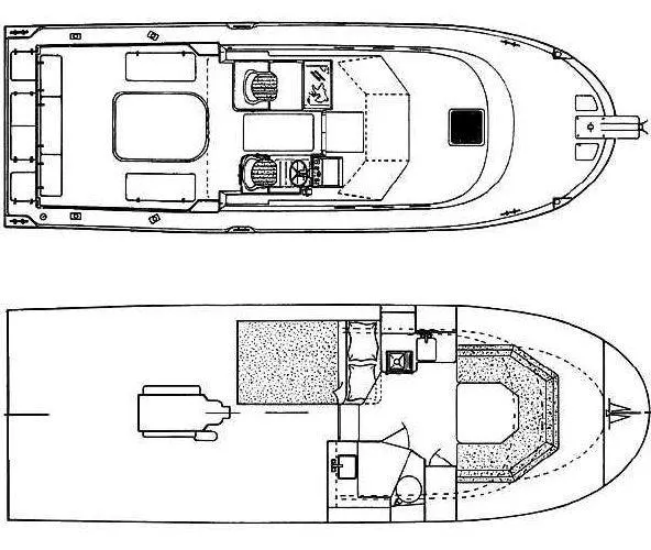 Slide: The Image of Top and side view layout of a 2000 Albin Tournament Express boat. - 35