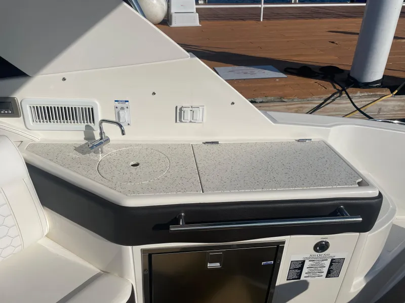Slide: The Image of The 2020 Sea Ray Sundancer 320 features a sleek outdoor kitchenette with a sink and refrigerator. - 23