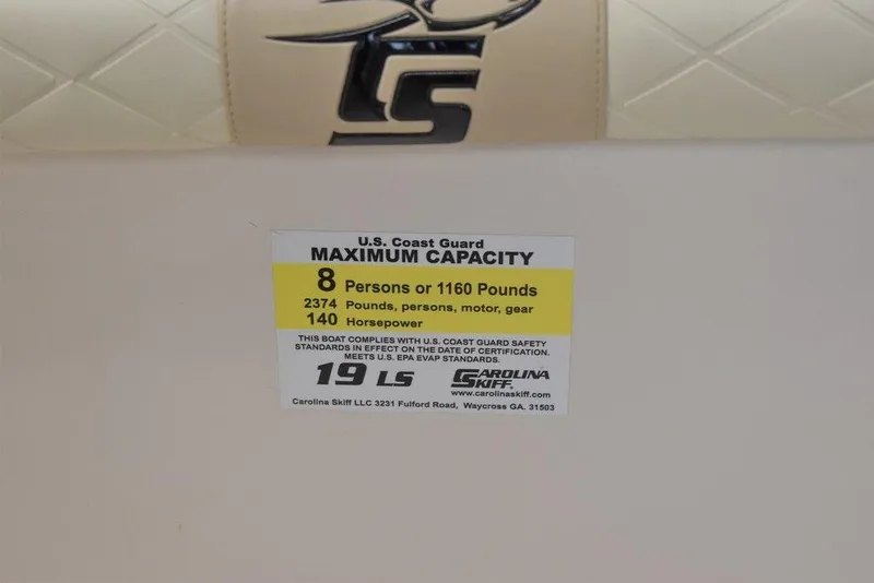 Slide: The Image of 2023 Carolina Skiff 19 LS capacity label, 8 persons, 1160 pounds, 140 horsepower. - 10