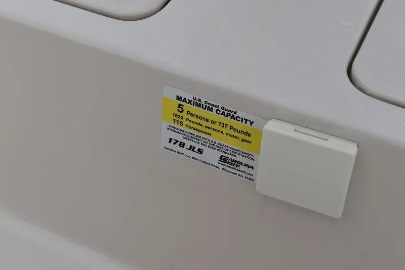 Slide: The Image of 2023 Carolina Skiff 178 JLS boat capacity label, 5 persons or 737 pounds. - 37