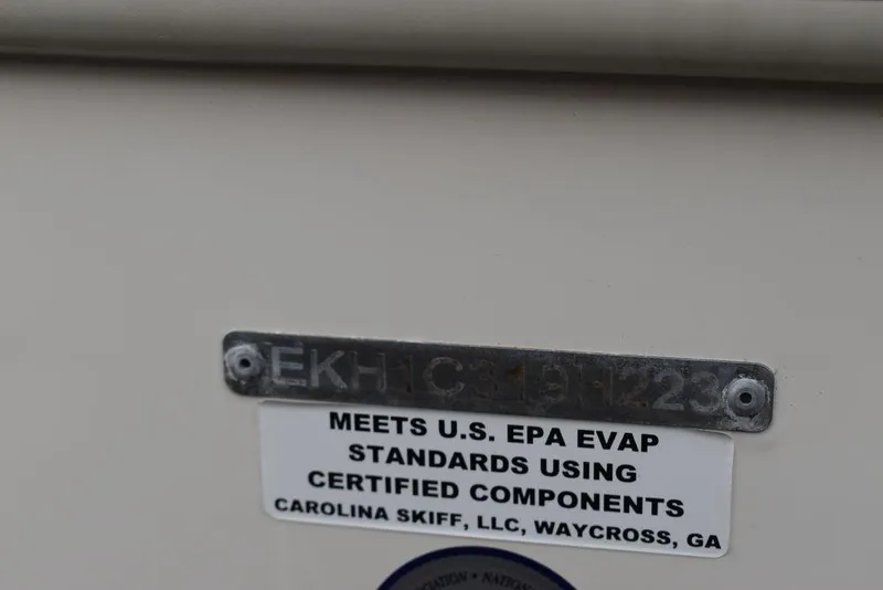 Slide: The Image of 2023 Carolina Skiff 178 JLS boat with EPA compliance label. - 44
