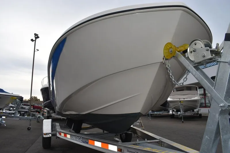 Slide: The Image of 2023 Carolina Skiff 178 JLS boat on a trailer, front view. - 46