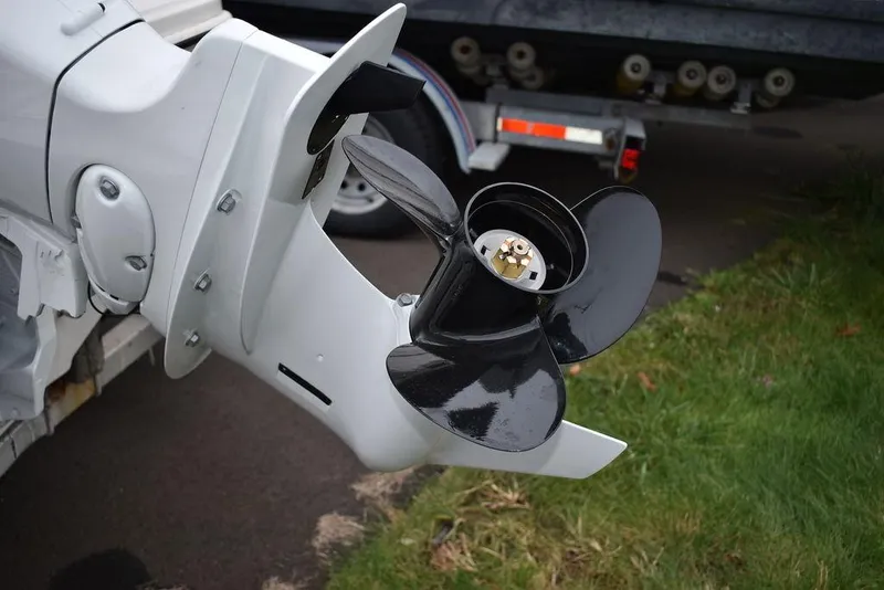 Slide: The Image of 2023 Carolina Skiff 192 JLS boat motor propeller close-up. - 12