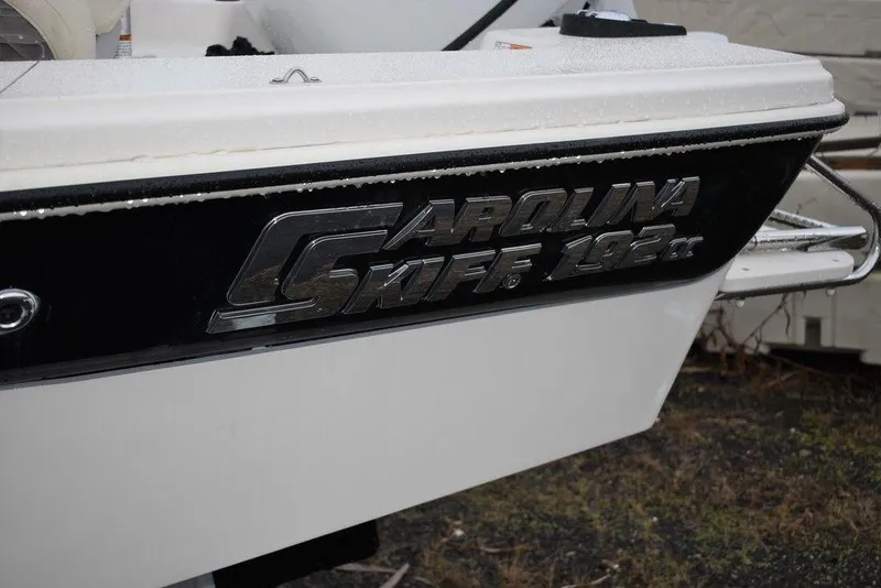 Slide: The Image of 2023 Carolina Skiff 192 JLS boat logo on hull, close-up view. - 3
