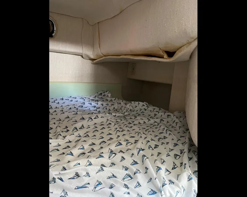 Slide: The Image of 1991 Sea Ray Sundancer 220 cabin interior with sailboat-patterned bedding. - 12