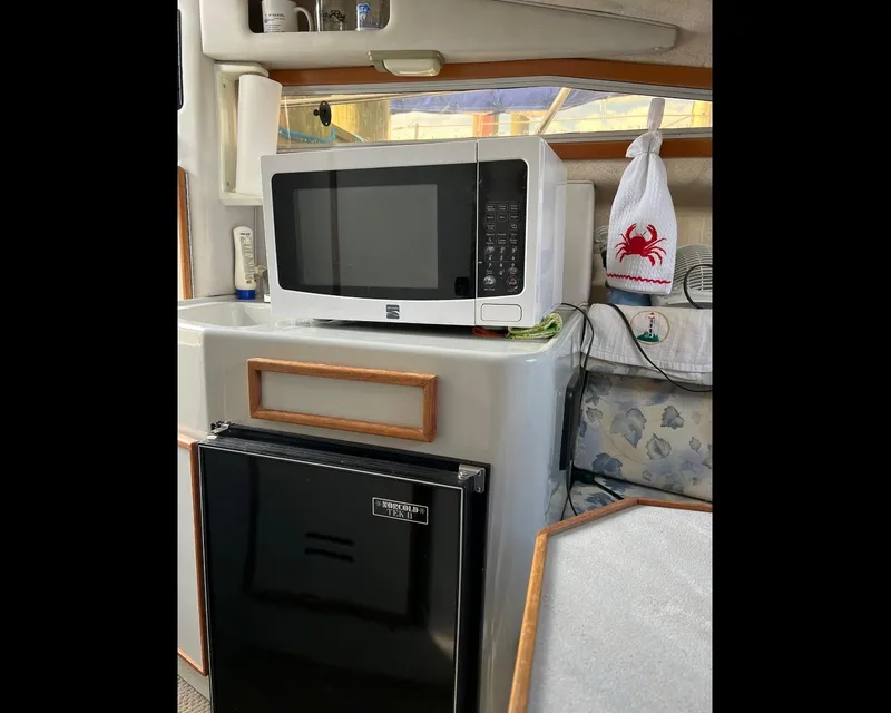Slide: The Image of Interior of 1991 Sea Ray Sundancer 220 with microwave and mini fridge. - 9