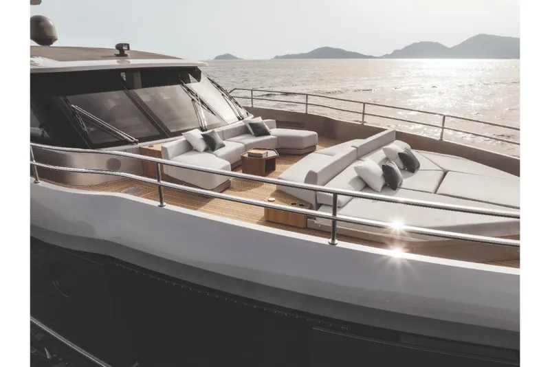 Slide: The Image of Luxurious deck of the 2023 Azimut Magellano 30M yacht with scenic ocean view. - 23