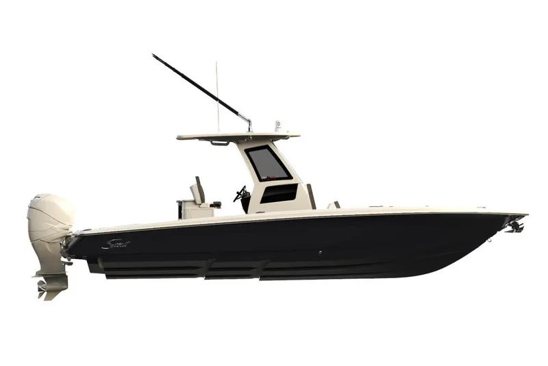 Slide: The Image of 2023 Scout 281 XSS boat, side view, black hull, outboard motor. - 33