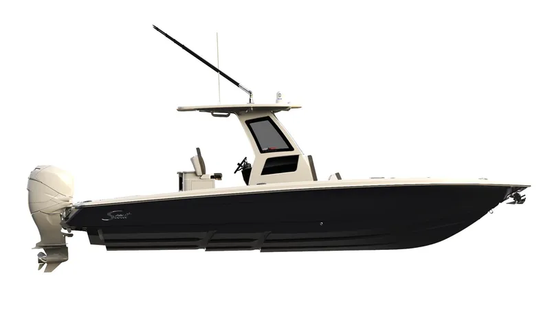 Slide: The Image of 2023 Scout 281 XSS boat side view with dual outboard engines. - 35