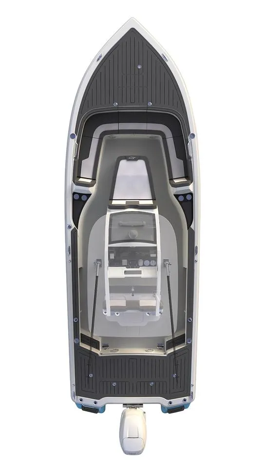 Slide: The Image of 2023 Scout 281 XSS boat, top view, sleek design, spacious deck layout. - 38