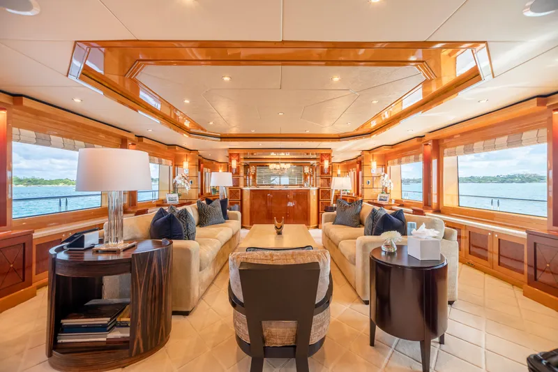 Slide: The Image of Luxurious interior of 2011 Trinity Yachts CUSTOM model with elegant seating and panoramic windows. - 2