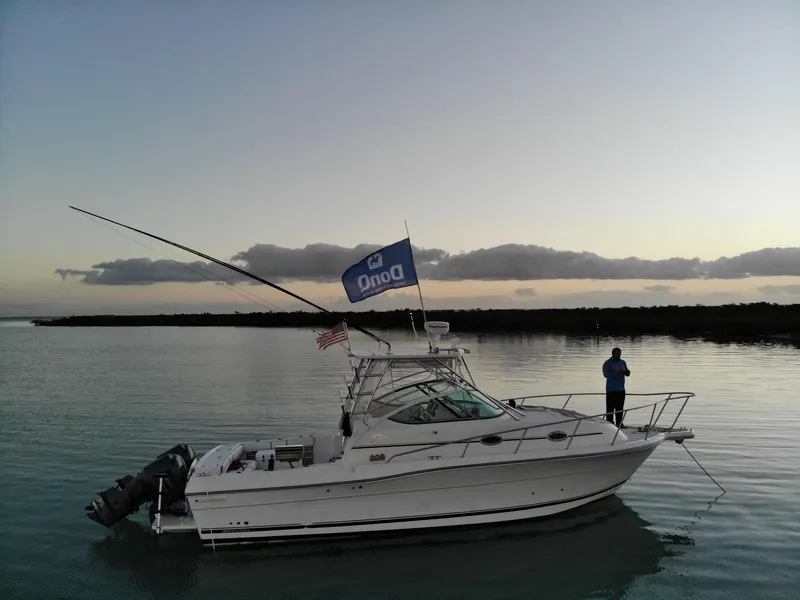 Slide: The Image of 2006 Stamas 320 Express boat on calm water at sunset with flags. - 2