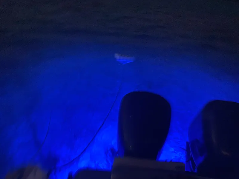 Slide: The Image of 2006 Stamas 320 Express boat with blue underwater lights at night. - 3