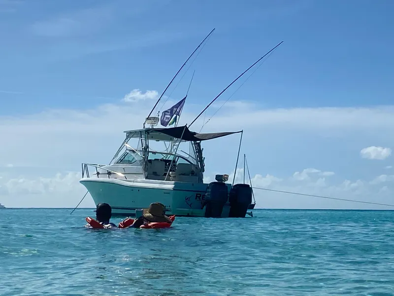 Slide: The Image of 2006 Stamas 320 Express boat anchored in clear blue water with two people swimming nearby. - 8