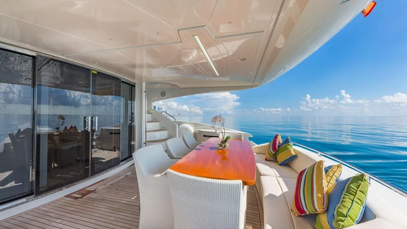 Slide: The Image of Luxurious 2015 Dominator 800 yacht deck with ocean view and elegant seating. - 17