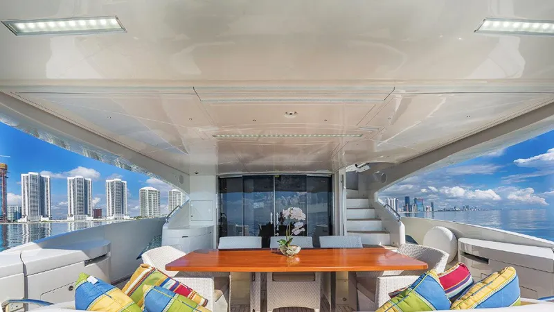 Slide: The Image of Luxurious 2015 Dominator 800 yacht deck with dining area and city skyline view. - 18