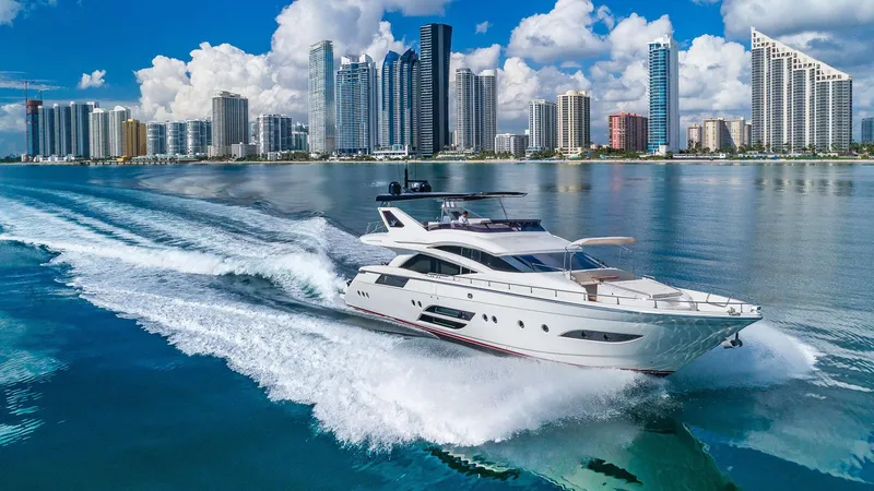 Slide: The Image of Luxurious 2015 Dominator 800 yacht cruising near a modern city skyline. - 2