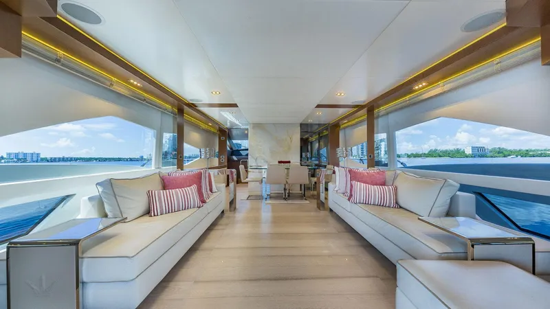 Slide: The Image of Luxurious interior of 2015 Dominator 800 yacht with elegant seating and panoramic windows. - 21