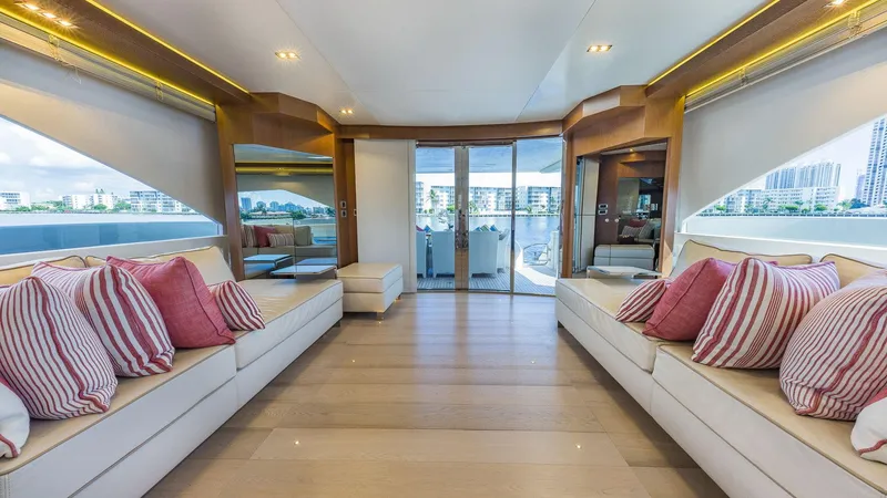 Slide: The Image of Luxurious interior of 2015 Dominator 800 yacht with elegant seating and scenic views. - 22