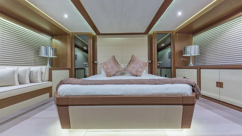 Slide: The Image of Luxurious bedroom interior of 2015 Dominator 800 yacht with modern decor and ambient lighting. - 28