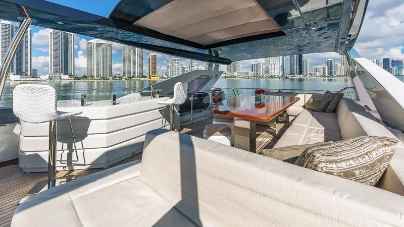 Slide: The Image of Luxurious 2015 Dominator 800 yacht interior with city skyline view. - 8