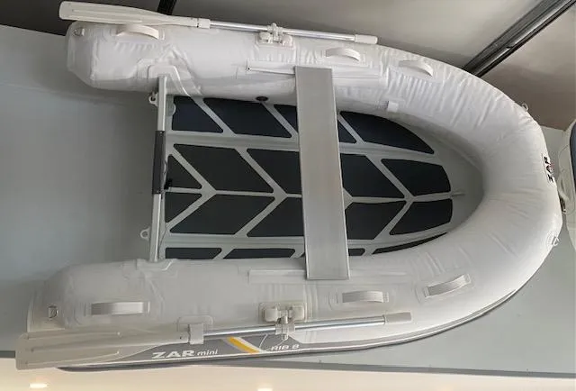 The Image of 2022 ZAR Mini RIB Lite inflatable boat, top view, white and gray design. - 1