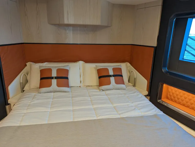 Slide: The Image of Luxurious bedroom interior of 2023 Astondoa 677 Coupe yacht with modern design. - 38