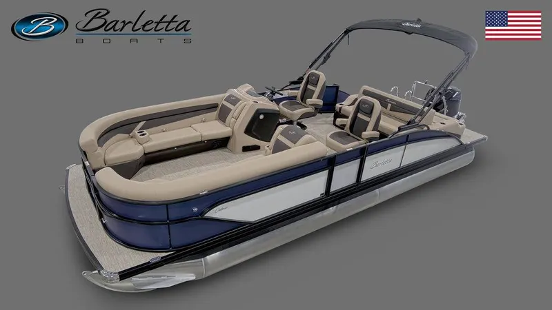 Slide: The Image of 2023 Barletta Cabrio 24UC pontoon boat with beige seating and blue accents. - 0