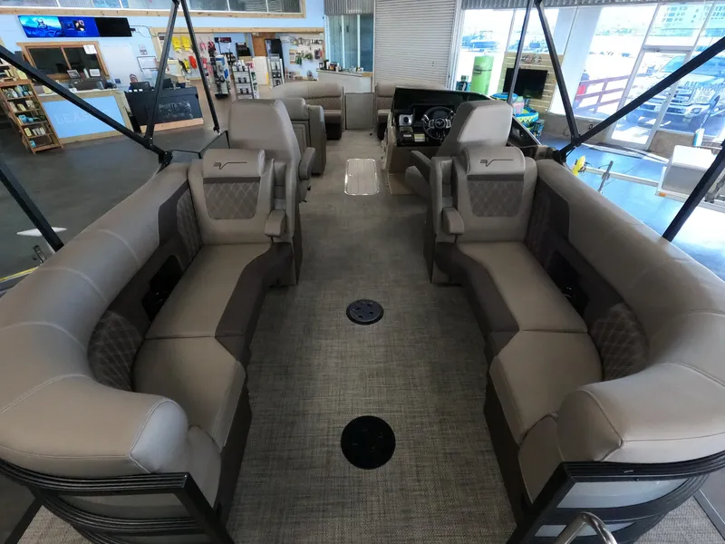 Slide: The Image of 2023 Vanderbilt 700T boat interior with luxurious seating and modern design. - 7