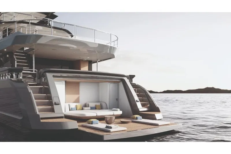 Slide: The Image of 2023 Azimut Grande 36M luxury yacht with open deck lounge area. - 2