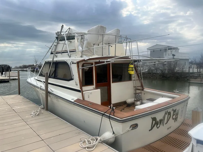Slide: The Image of 1989 Egg Harbor 33 Sedan docked, featuring a spacious deck and fishing equipment. - 13