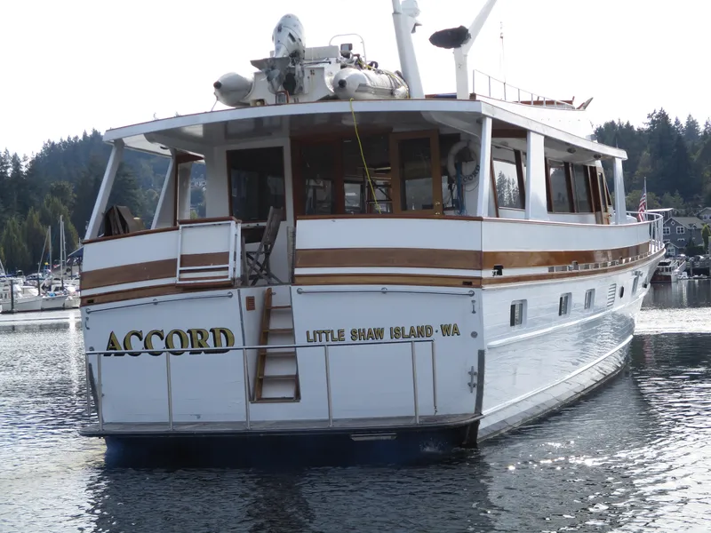 Slide: The Image of 1984 McQueen Flush Deck Motoryacht "Accord" on water, Little Shaw Island, WA. - 5