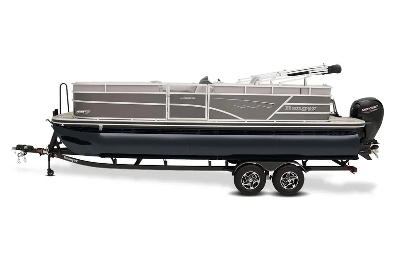 Slide: The Image of 2023 Ranger Reata 223C pontoon boat on trailer, side view. - 4