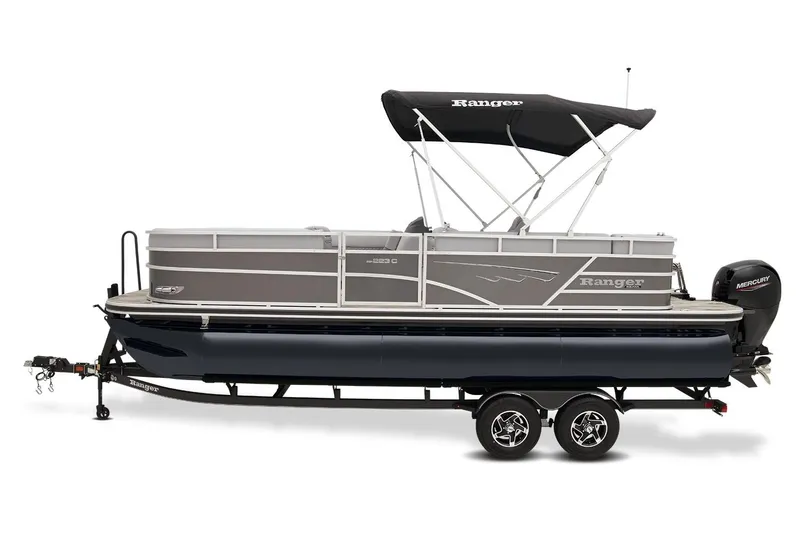 Slide: The Image of 2023 Ranger Reata 223C pontoon boat with canopy and trailer. - 5