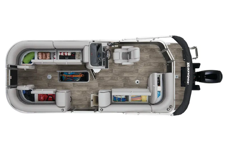 Slide: The Image of 2023 Ranger Reata 223C pontoon boat interior layout with seating and storage. - 9