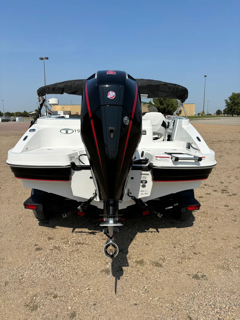 Slide: The Image of 2023 Tahoe 1950 boat with powerful outboard motor in a parking lot. - 6