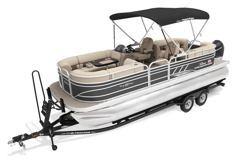 Slide: The Image of 2023 Sun Tracker Party Barge 22 XP3 pontoon boat on trailer with canopy. - 3
