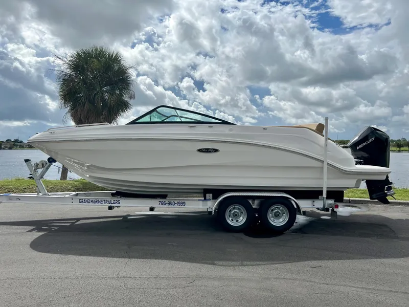 Slide: The Image of 2020 Sea Ray SDX 250 boat on a trailer by a lake under cloudy skies. - 10