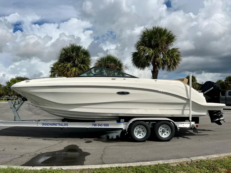 Slide: The Image of 2020 Sea Ray SDX 250 boat on trailer with palm trees in background. - 17