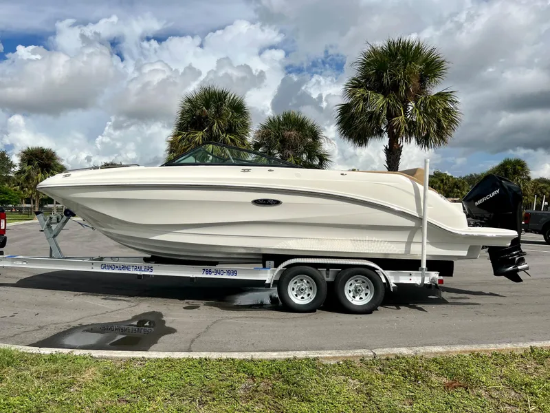 Slide: The Image of 2020 Sea Ray SDX 250 boat on a trailer, parked near palm trees. - 19