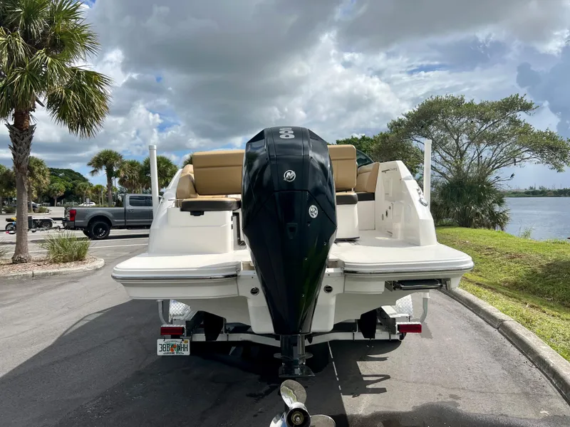 Slide: The Image of 2020 Sea Ray SDX 250 boat on trailer by a lake. - 4