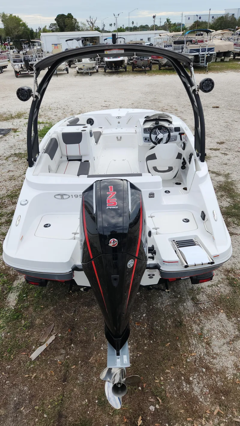 Slide: The Image of 2023 Tahoe 1950 boat with outboard motor, white interior, and sleek design. - 2