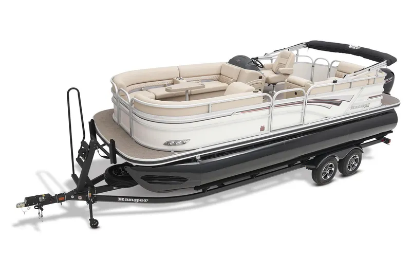 Slide: The Image of 2023 Ranger Reata 223C pontoon boat on a trailer. - 6